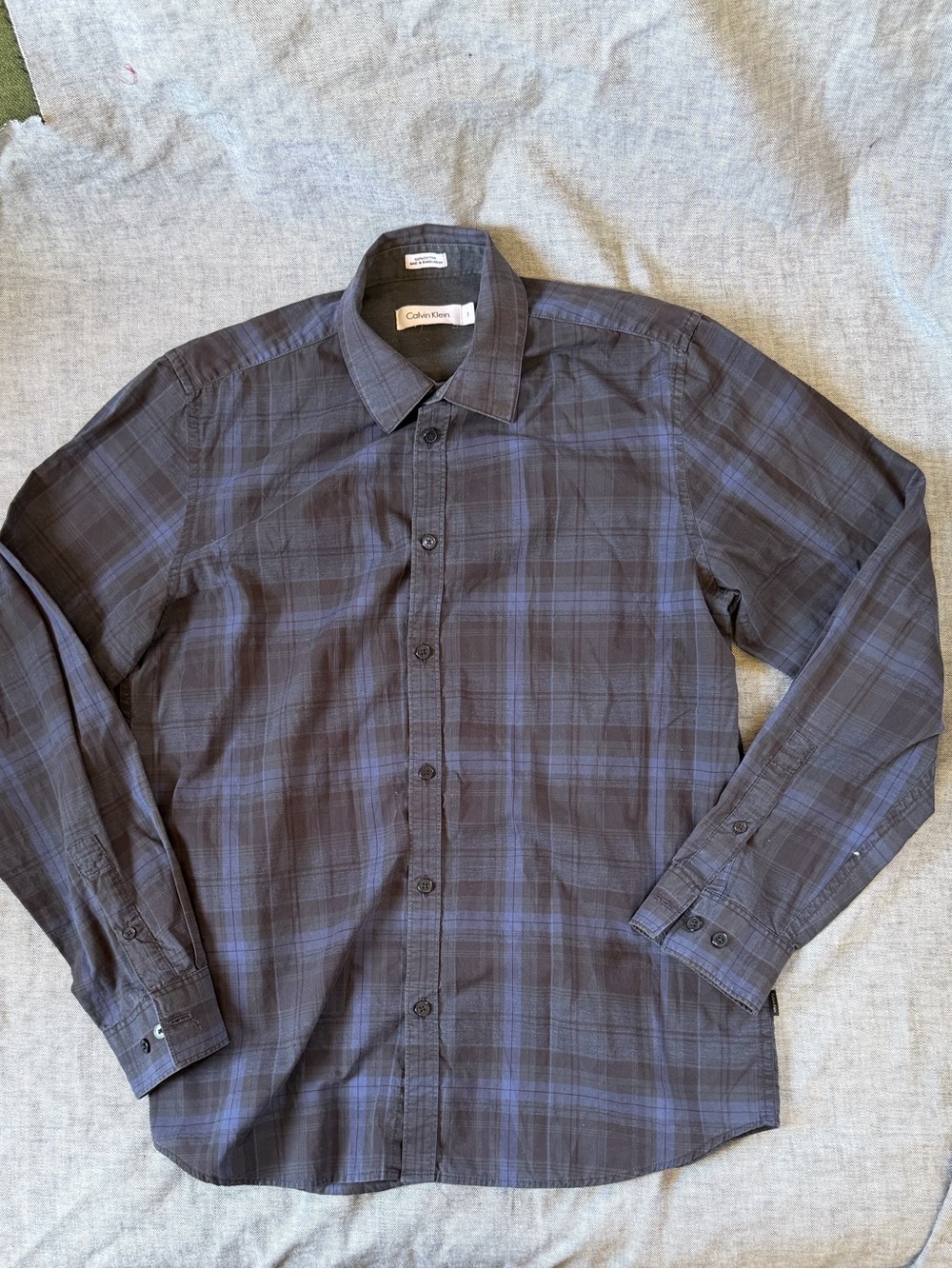 Calvin Klein Men's Charcoal Plaid Dress Shirt with Blue Stripe